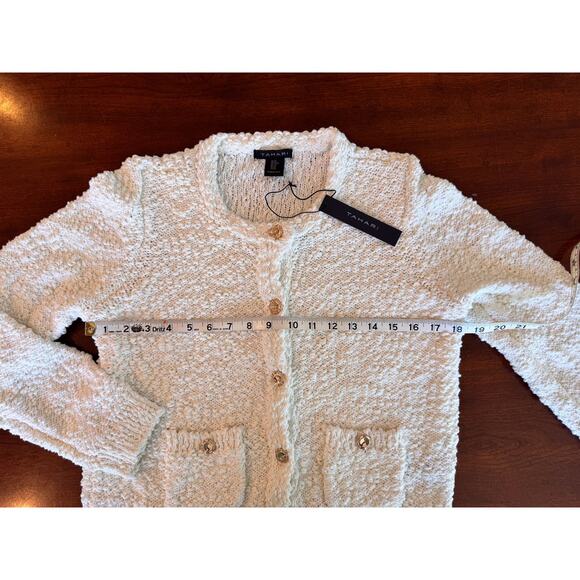 Tahari White Sweater Cardigan Size M Boucle Knit Gold Buttons Preppy NWT - Picture 3 of 6